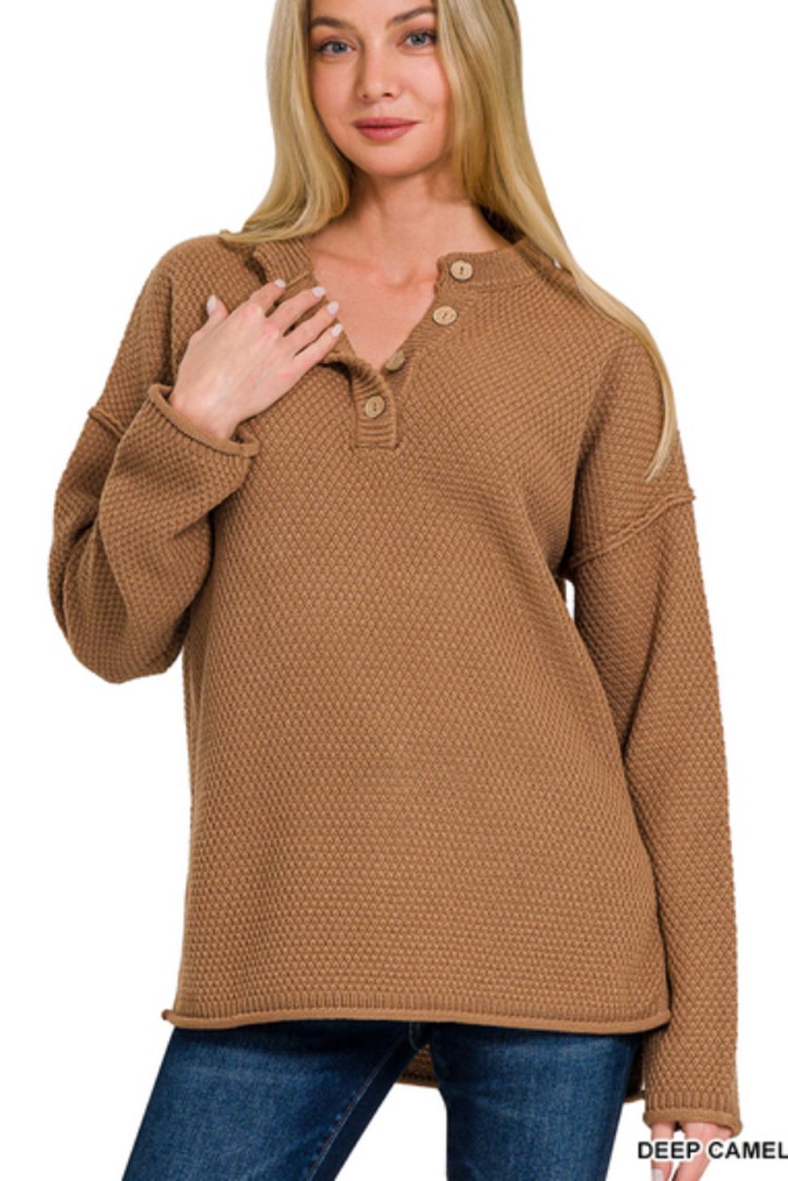 4 Button Henley Neckline Basic Sweater